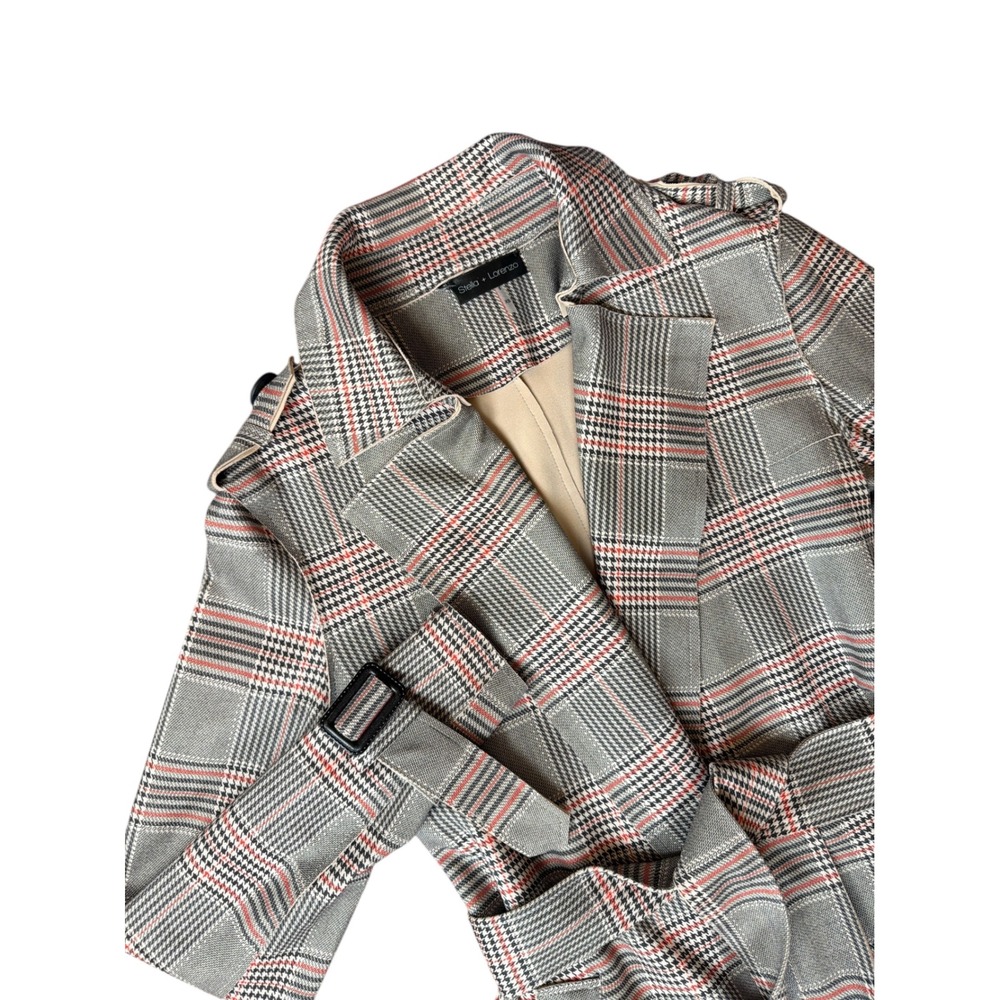 Stella Lorenzo Plaid Belted Trench Coat Women's XS Gray Red Black Long Sleeve